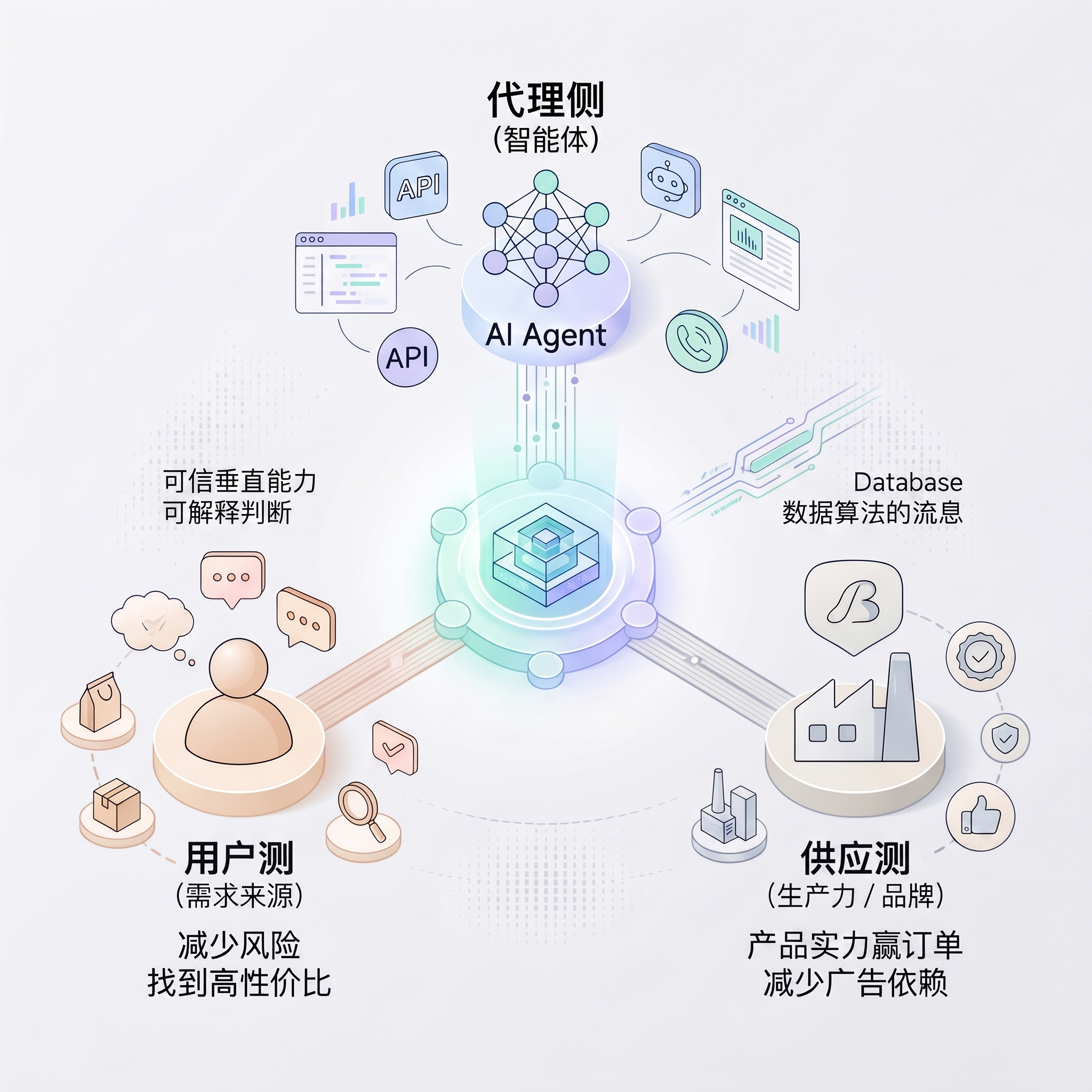 用户、需求侧 Agent 与供给伙伴三类对象协同示意图